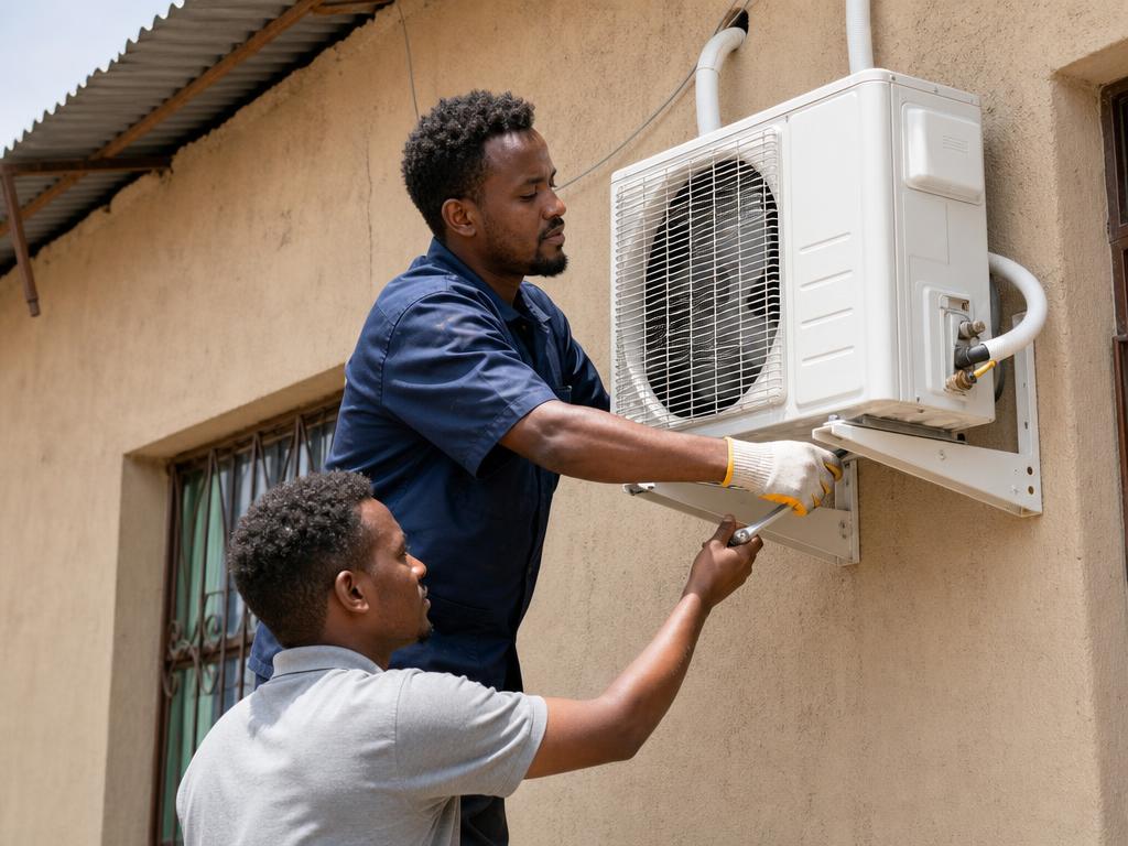 Technician performing ac installation in Addis Ababa