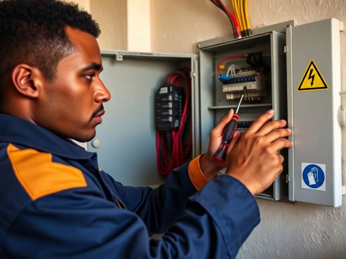 Technician performing electrical work in Addis Ababa